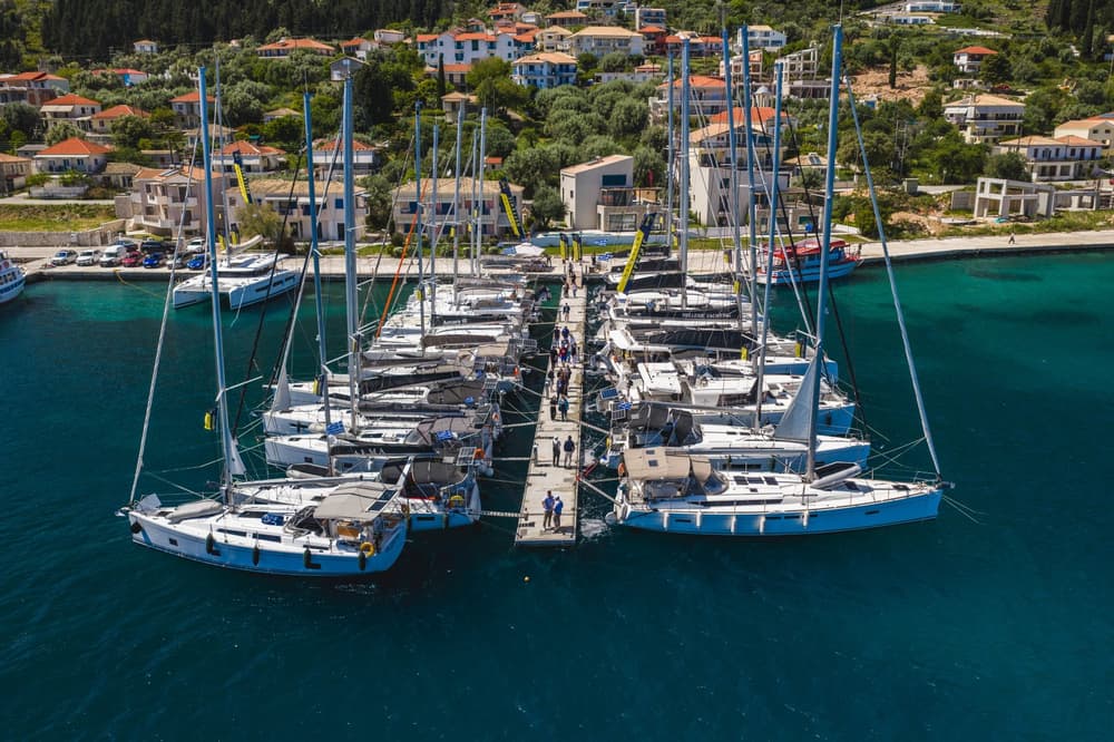 Aerial view of moored Mediterranean charter yachts