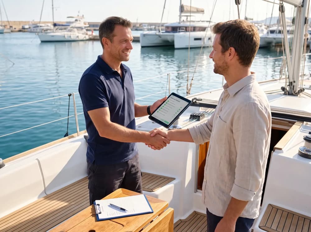 friendly meeting on the teak deck of a white boat