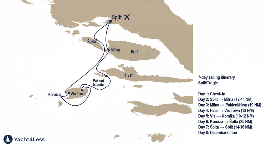 split dalmatian coast sailing route itinirary