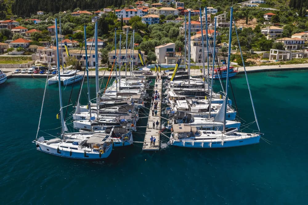 view of pontoon full of yachts in Perigiali, Ionian