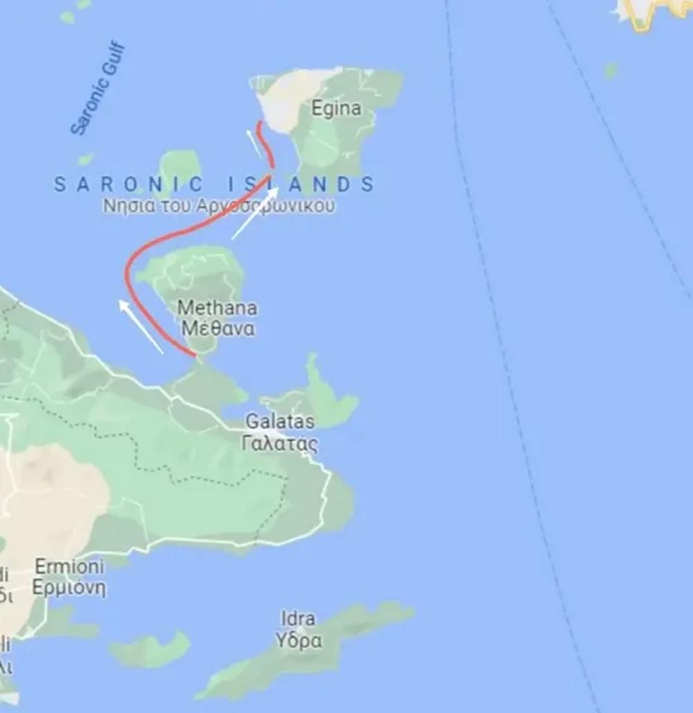 Map illustrating multiple sailing routes from Athens to the Saronic Islands for friends' holidays.