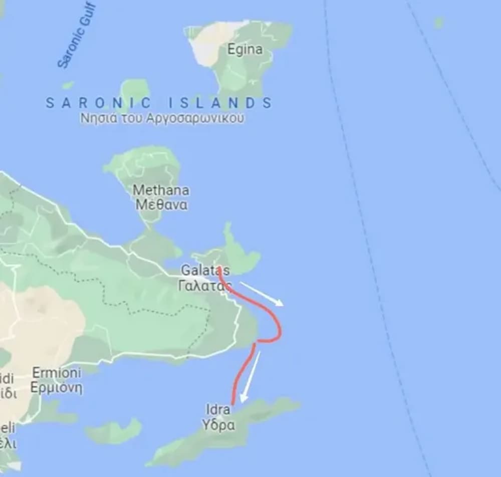 Map of Hydra and surrounding Saronic Islands, a popular sailing route for friends departing from Athens.