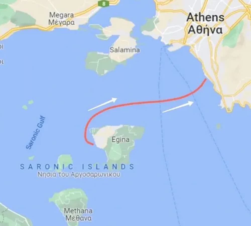 Map illustrating multiple sailing routes from Athens to the Saronic Islands for friends' holidays.