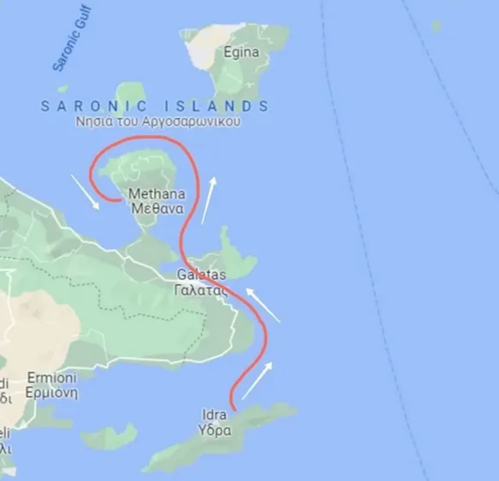 Map showcasing a sailing route from Athens to Methana, perfect for group exploration."