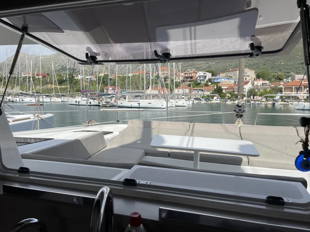 view of front deck with lounge area on the bali catamaran