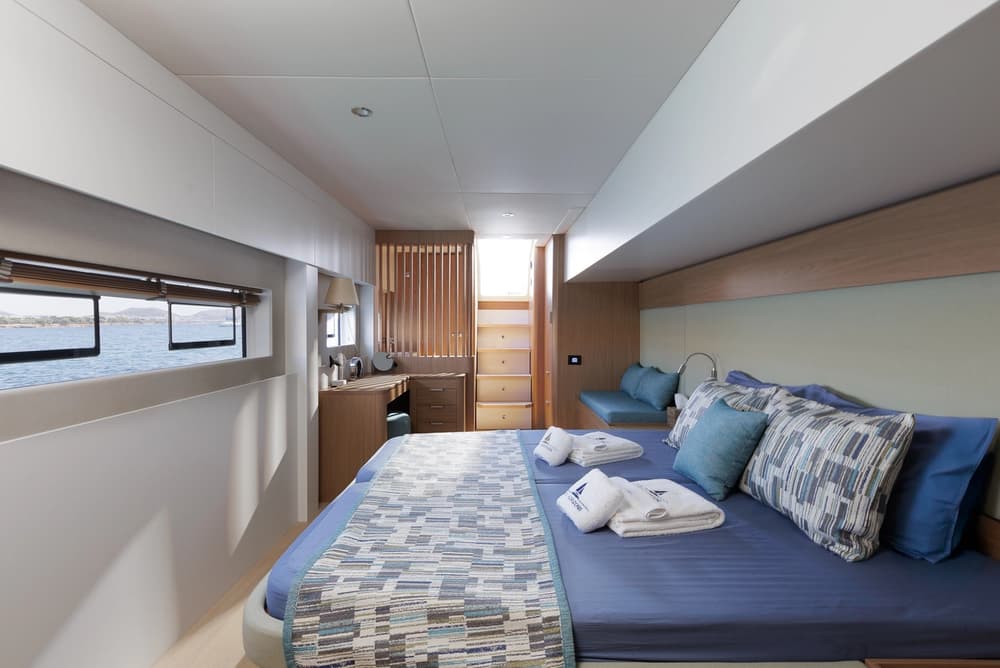 Master cabin interior with large windows and natural light on Bali 5.8 catamaran