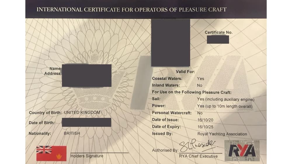 Sample sailing license for bareboat yacht charters issued by the RYA