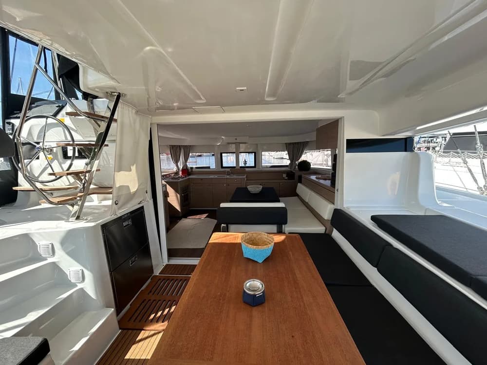 Lagoon 43 catamaran charter lounge area for luxury sailing holiday