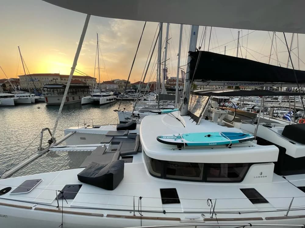 view of lagoon catamaran deck at sunset