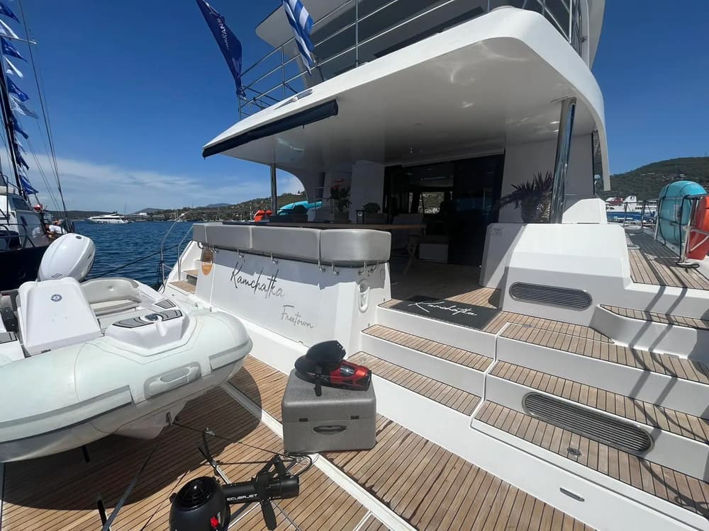 Modern catamaran charter deck space perfect for relaxed late-season sailing in Mediterranean destinations