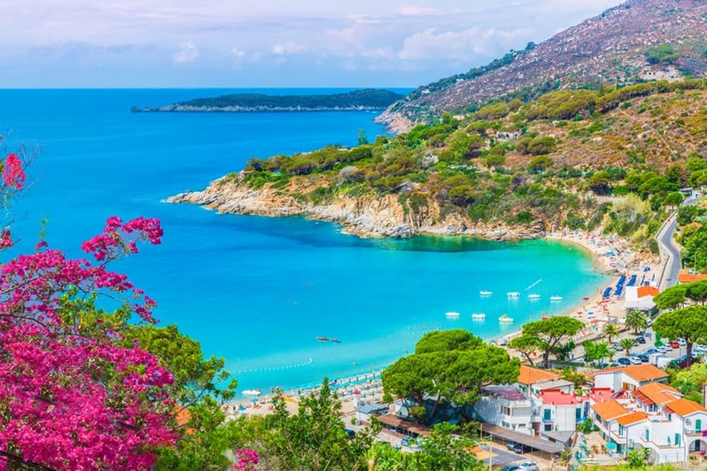 A stunning beach with turquoise waters and lush greenery on the coast of Elba Island, Italy – ideal for sailing holidays in Italy.