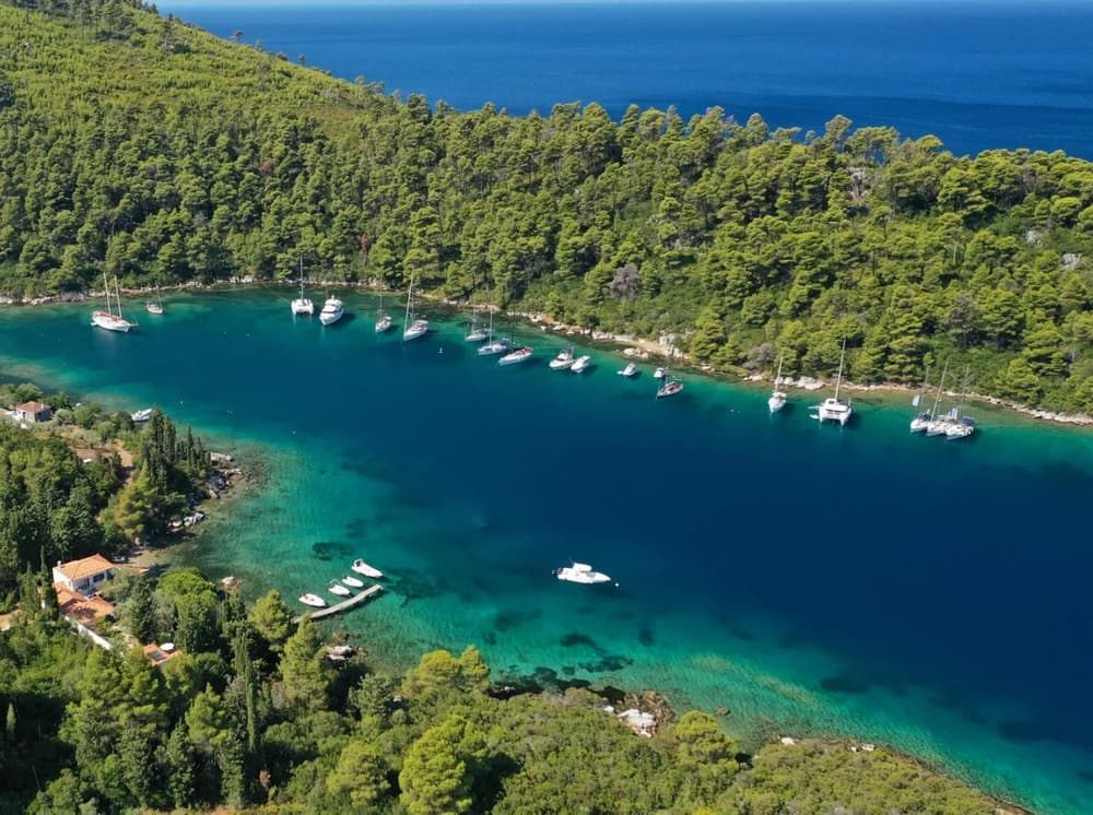 Aerial view of a secluded, turquoise bay