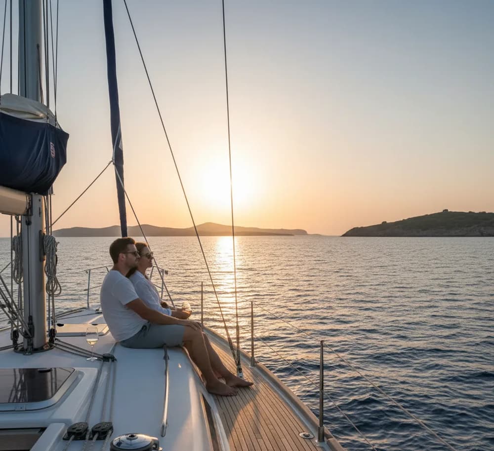 couple enjoying the sunset on board a yacht charter for valentines day