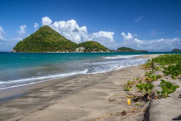 A secluded sandy beach in Grenada with turquoise waters, lush green hills, and vibrant vegetation, capturing the natural beauty of sailing holidays in the Caribbean.